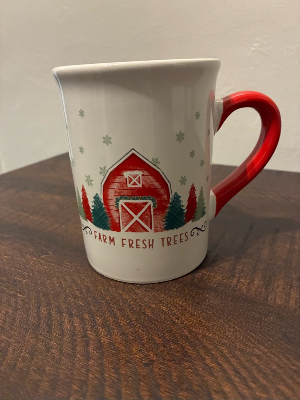 Holiday Barn Ceramic Mug with Red Handle - Farm Fresh Trees
